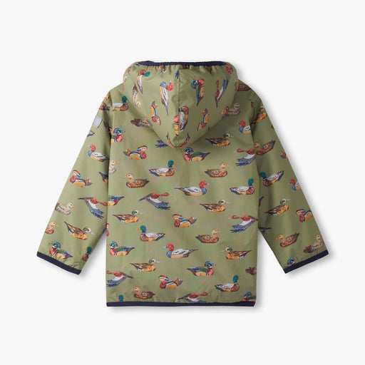 Green hooded jacket with colorful duck pattern on a white background