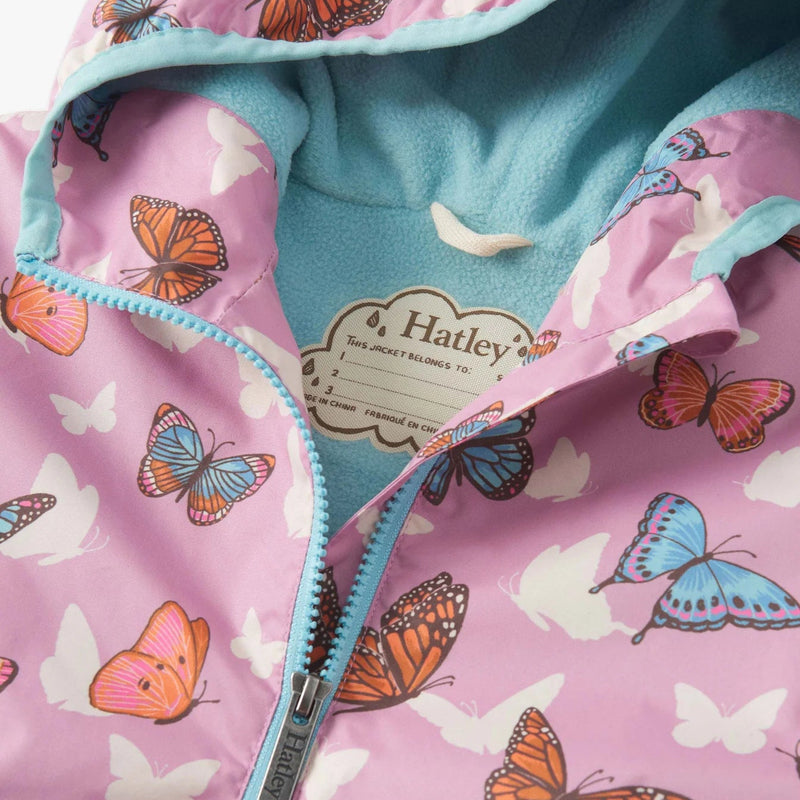 Close-up of collar and hood lining on Hatley Pop-Out Butterflies field jacket