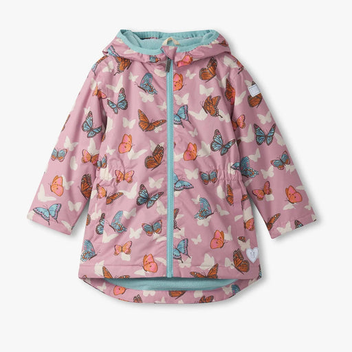Hatley Field Jacket in Pop-Out Butterflies print, front view with aqua zipper and hood