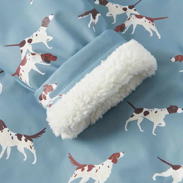 Close-up of fold-back sherpa cuff with dog print fabric