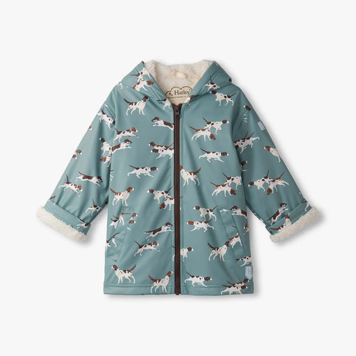 Blue-grey kids sherpa-lined rain jacket with hunting dog print, hooded front view