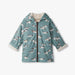 Blue-grey kids sherpa-lined rain jacket with hunting dog print, hooded front view