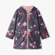 Hatley Peplum Rain Jacket in fall floral print front view with peplum hem and hood