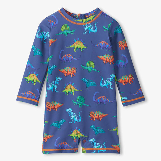 Children's swimsuit with dinosaur pattern on a blue background