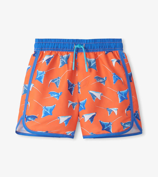 Orange swim shorts with blue stingray pattern on a white background