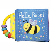Cloth baby book titled Hello Baby Buzz Buzz with a bee illustration and a colorful rattle handle attached