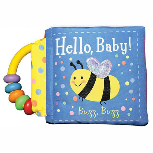 Cloth baby book titled Hello Baby Buzz Buzz with a bee illustration and a colorful rattle handle attached