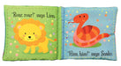 Interior page spread showing a lion saying Roar roar and a snake saying Hiss hiss with bright baby-friendly illustrations
