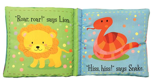 Interior page spread showing a lion saying Roar roar and a snake saying Hiss hiss with bright baby-friendly illustrations
