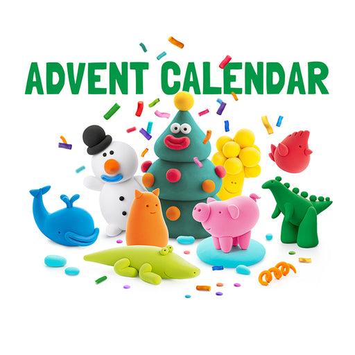 Colorful Hey Clay holiday characters shown together with ‘Advent Calendar’ text