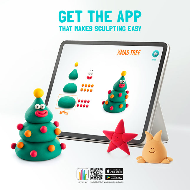 Tablet showing Hey Clay sculpting instructions with finished clay characters beside it.