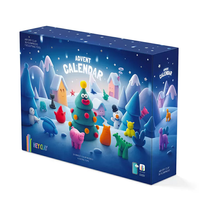 Side angle view of the Hey Clay Advent Calendar box with holiday artwork