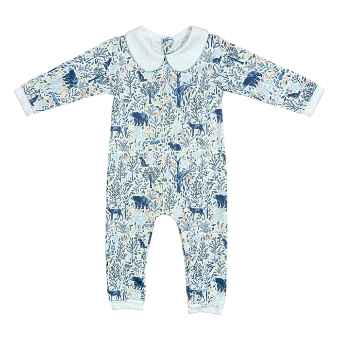 Heyward House boys footless playsuit long sleeve in Woodland Animals print on white background