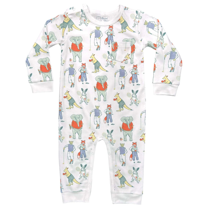Heyward House boys long sleeve Playtime Romper in Autumn Animal Club print on white background