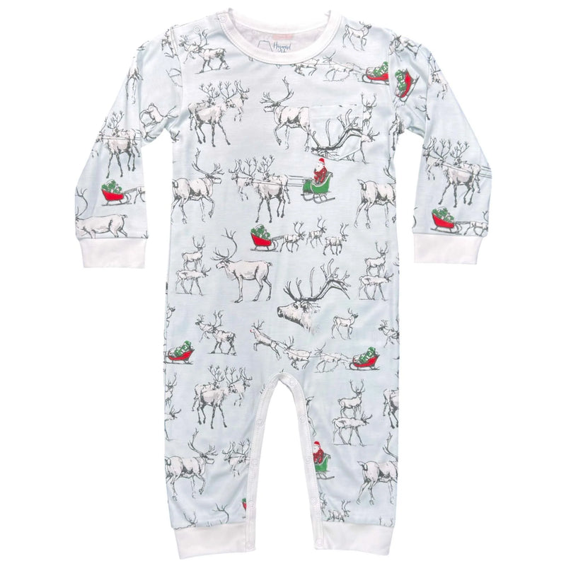 Heyward House boys long sleeve Playtime Romper in Reindeer in Training print on white background