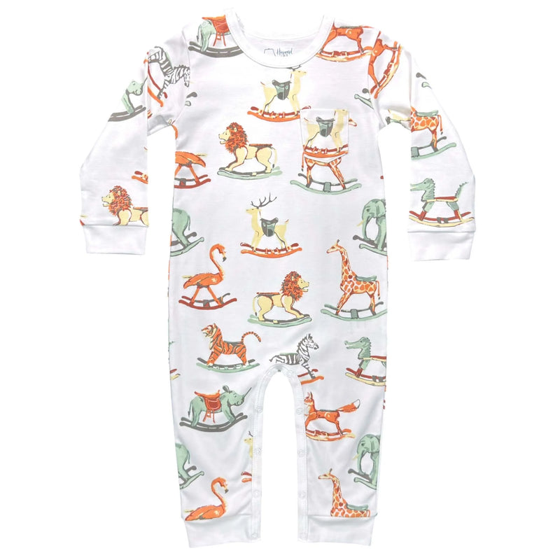 Heyward House boys long sleeve Playtime Romper in Swaying Safari print on white background