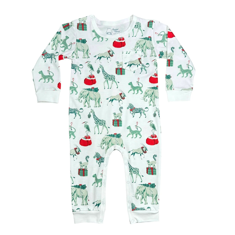 Heyward House boys long sleeve Playtime Romper in Christmas Safari print on white background