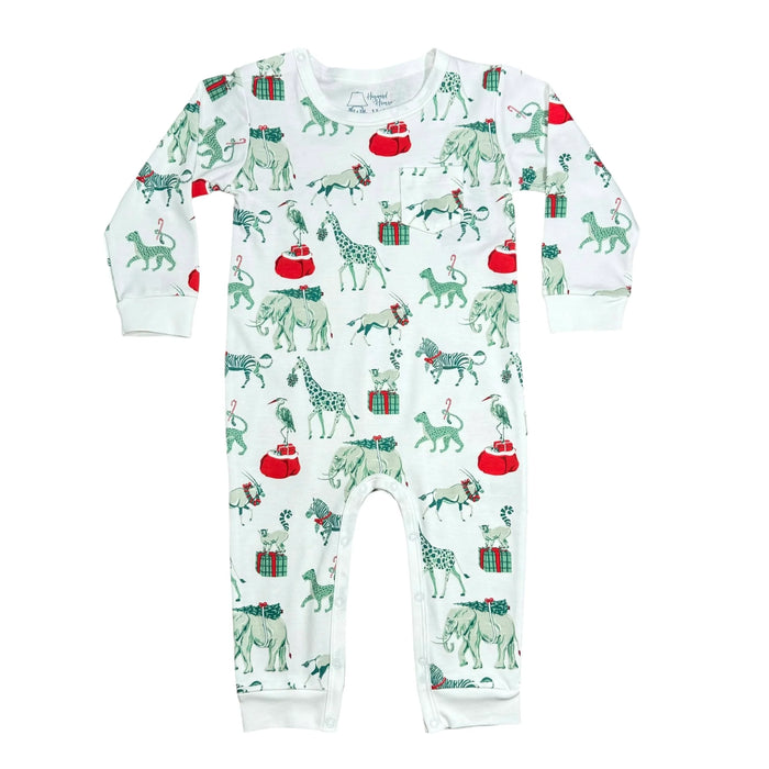 Heyward House boys long sleeve Playtime Romper in Christmas Safari print on white background