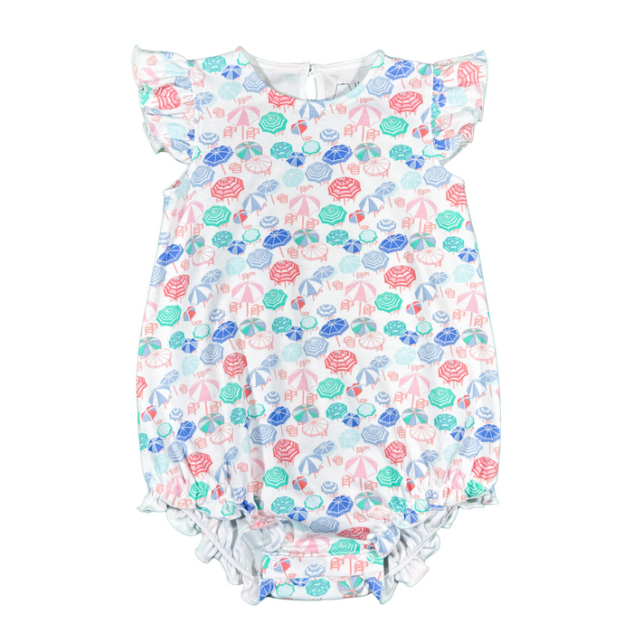 Heyward House girl sleeveless classic bubble in Beach Umbrellas pastel print on white background