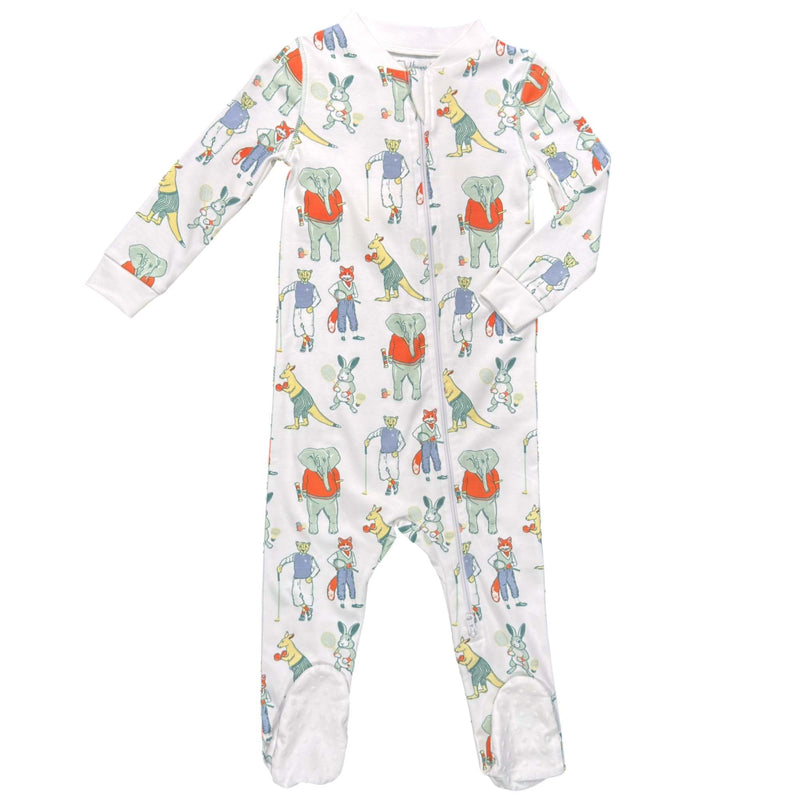 Heyward House footed pajama in Autumn Animal Club print on white background