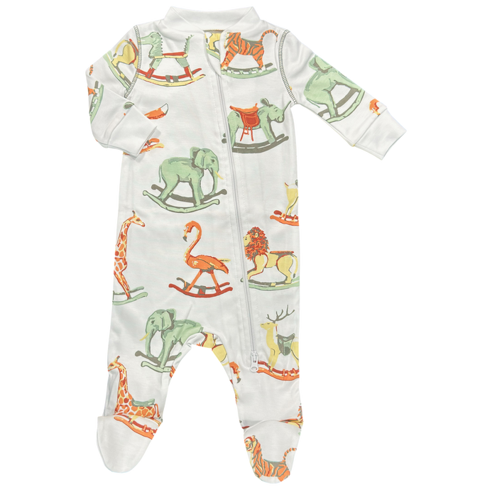 Heyward House footed pajama in Swaying Safari print on white background