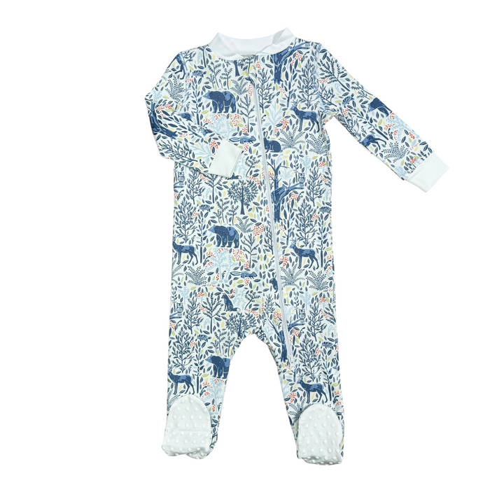 Heyward House footed pajama in Woodland Animals print on white background