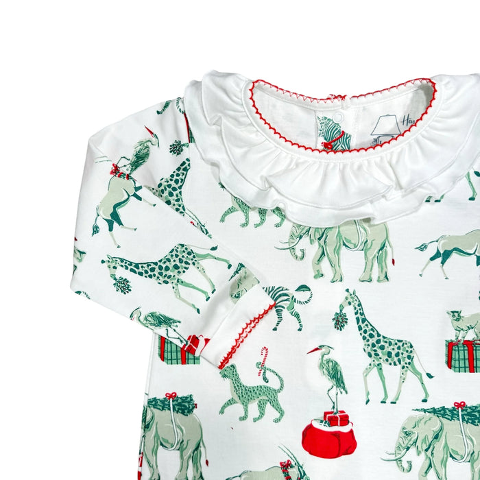 Heyward House girls footless ruffled playsuit long sleeve in Christmas Safari print on white background
