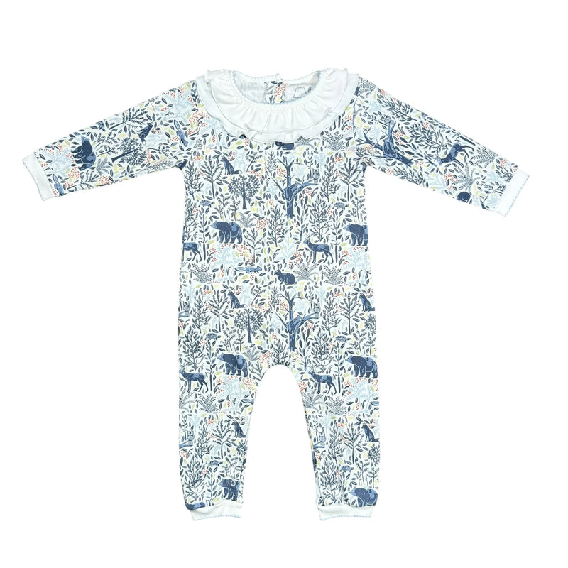 Heyward House girls footless ruffled playsuit in Woodland Animals print on white background