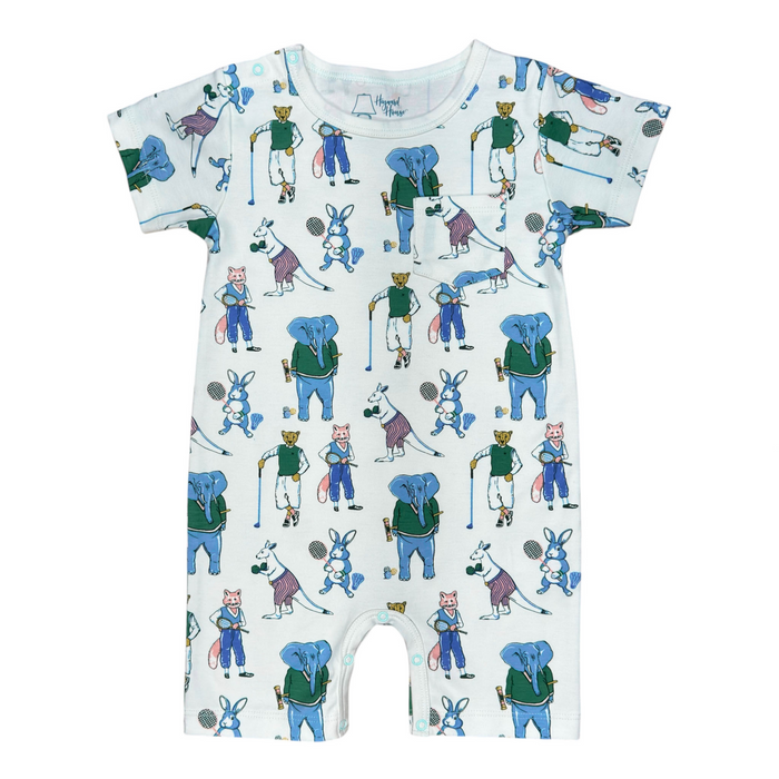 Heyward House boys short sleeve Playtime Romper in Athletic Animal Club print on white background