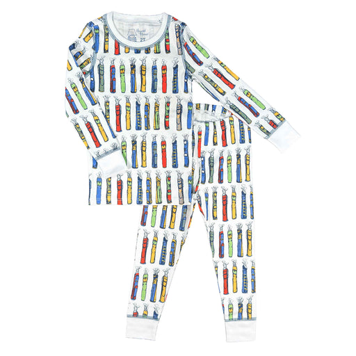 Children's pajama set with colorful golf bag pattern on a white background