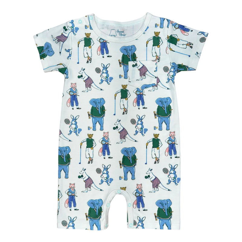 Children's romper with colorful animal print on a white background