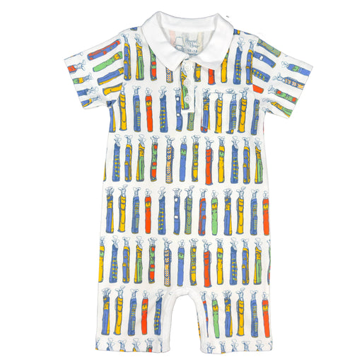 Children's romper with colorful golf pattern on a white background