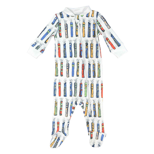 Children's onesie with colorful golf bag pattern on a white background