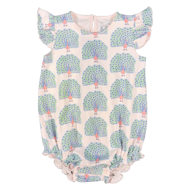 Baby romper with tree and peacock pattern on a white background
