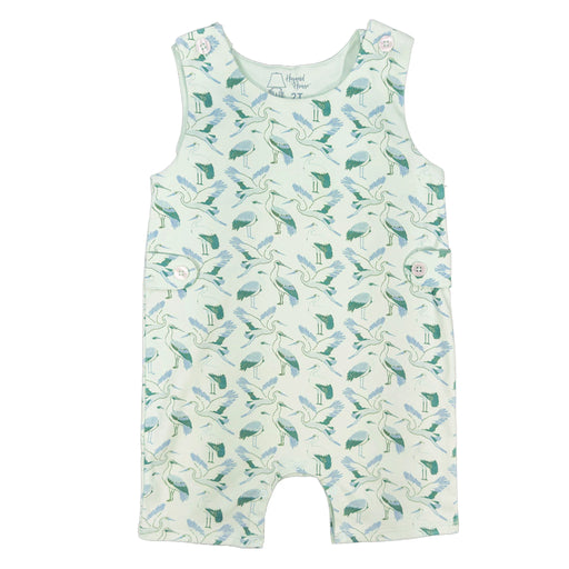 Children's sleeveless romper with stork pattern on a light green background