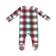 Plaid baby onesie with red, green, and white pattern on a white background
