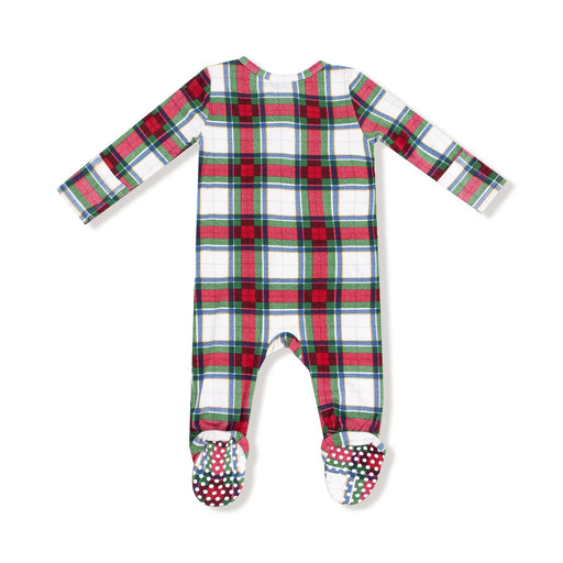 Plaid baby onesie with red, green, and white pattern on a white background