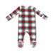 Plaid baby onesie with red, green, and white pattern on a white background