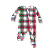 Plaid baby onesie with a colorful pattern on a white background
