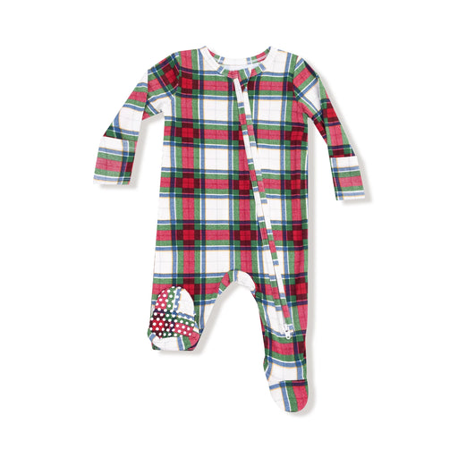 Plaid baby onesie with a colorful pattern on a white background