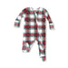 Plaid baby onesie with a colorful pattern on a white background