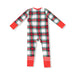 Plaid baby onesie with red accents on a white background