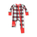 Plaid baby onesie with red accents on a white background
