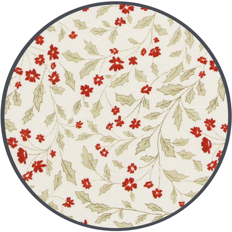 Close-up of Lou Lou & Co Holly print with red berries and green leaves on cream