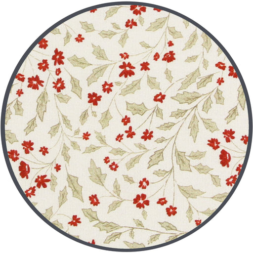 Close-up of Lou Lou & Co Holly print with red berries and green leaves on cream