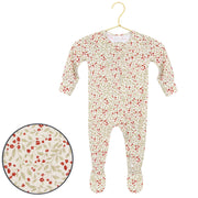 Lou Lou & Co Holly zipper footie with red berry and green leaf print on a hanger, with print close-up