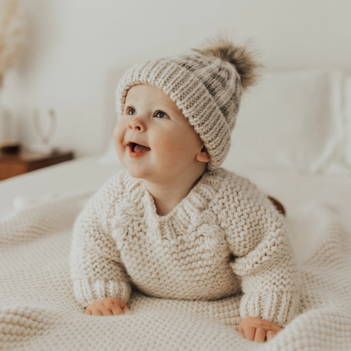 Huggalugs | Buffalo Check Pom Pom Beanie Hat | Pebble Brown
