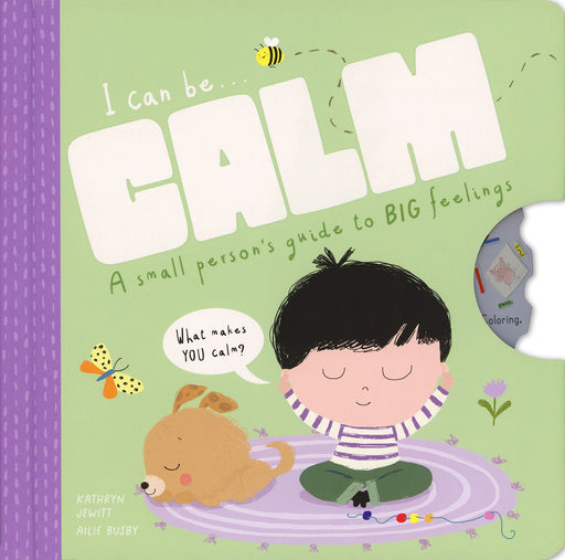 Book cover of 'I Can Be Calm' with a child and dog illustration on a green background