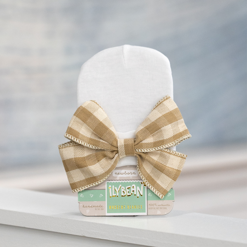 Ilybean | Newborn Beanie | Taupe Buffalo Plaid Bow