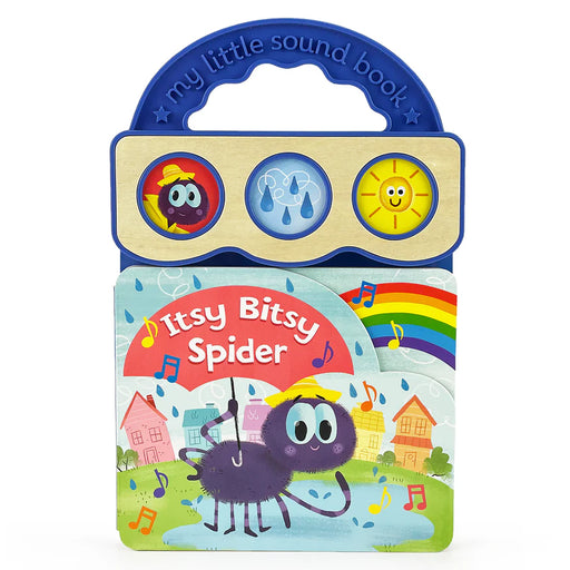Children's book titled 'Itsy Bitsy Spider' with colorful illustrations and sound buttons on a white background.